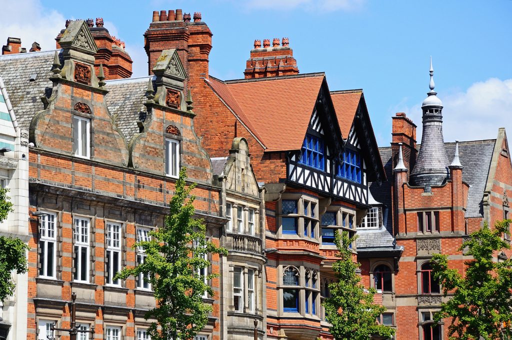 A view of the upper parts of buildings to Nottingham Old Market Square