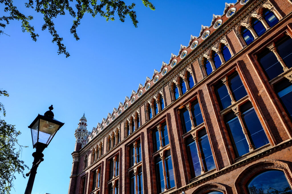 A close view of a historic building in Leeds which has been redeveloped into offices with the historic facade retained