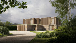 A contemporary two storey house with stone cladding to the ground floor and vertical timber cladding to the first floor. The house has a plat roof and is framed by trees