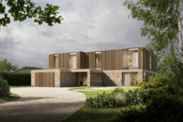 A contemporary two storey house with stone cladding to the ground floor and vertical timber cladding to the first floor. The house has a plat roof and is framed by trees